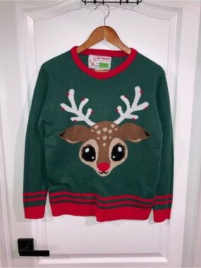 Green & Red Reindeer Holiday Sweater Be Merry - size L